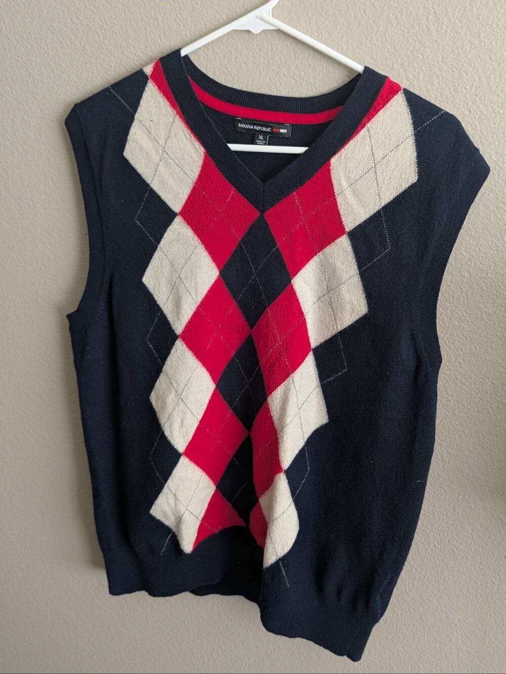 Banana Republic Mad Men 100% Wool Navy, Red & Cream Argyle Mens XL Sweater Vest